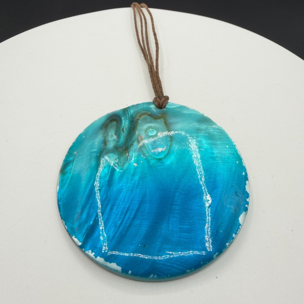 Blue Mother of Pearl Shell Disc Pendant Necklace Brown Cord Boho Coastal Jewelry